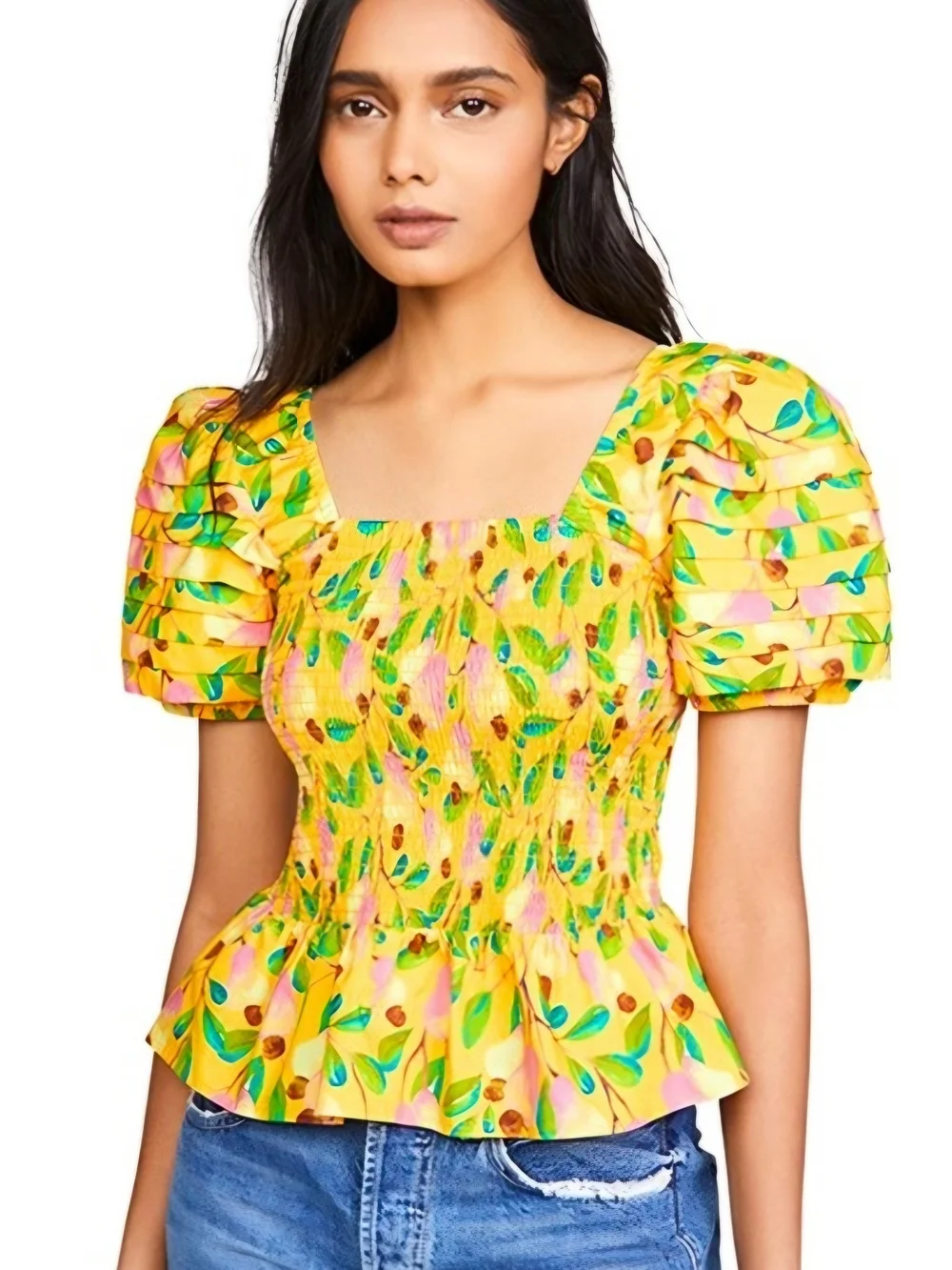 FARM RIO Yellow Floral Smocked Square-Neck Puff Sleeve Blouse Top M